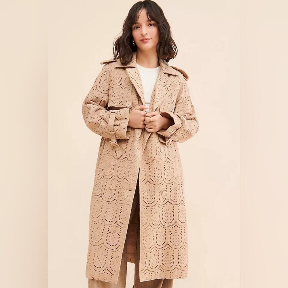 Farm Rio Pineapple Eyelet Trench Coat Womens XS Tan Khaki Cotton Button Front